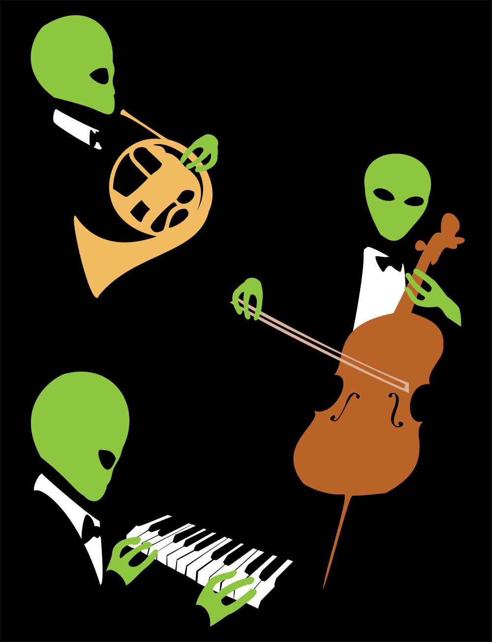 Trio of alien mascots on black background